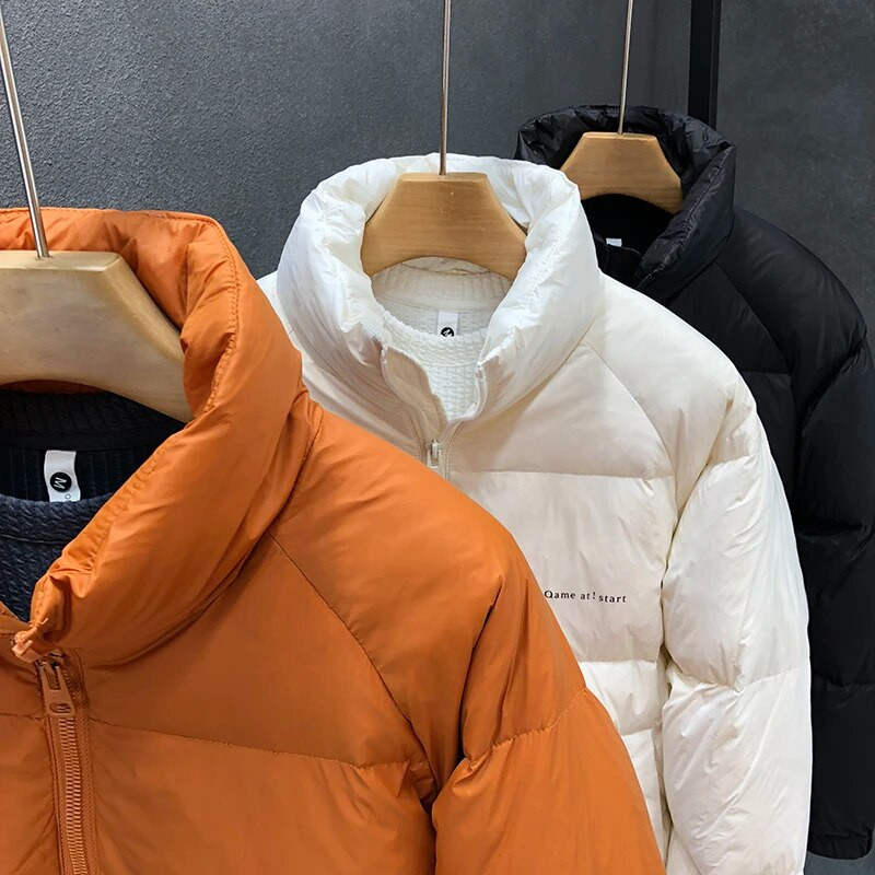 Žiemos nauja vyriška negabaritinė šilta balta pūkinė striukė Streetwear madinga apykaklė Šviesi balta ančių pūkinė striukė vyriška oranžinė juoda