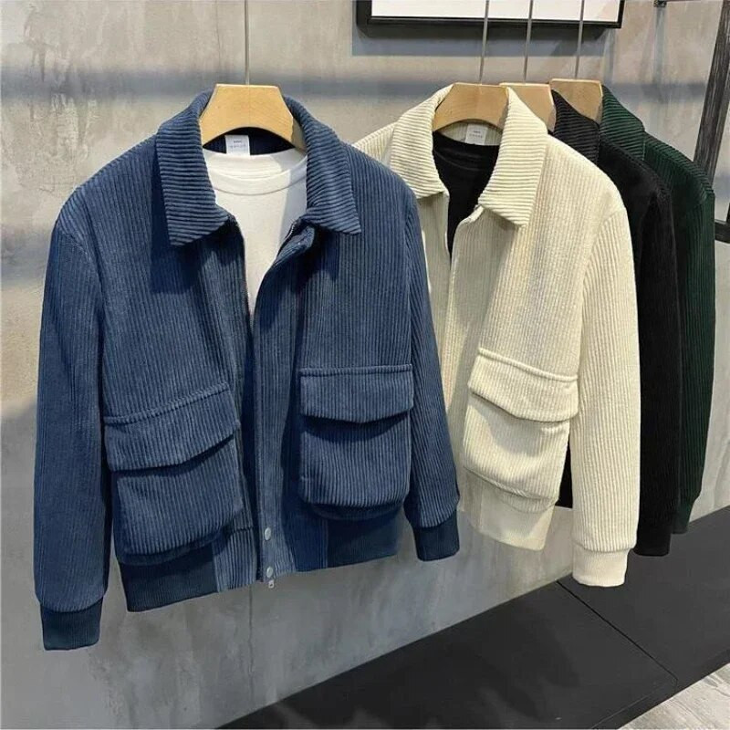 Rudens žiemos atvartas Velvetas šiltas trumpas švarkas Vyriškas paprastas didelis kišenė laisvas laisvalaikis funkcionalus viršutinis paltas Vyriški drabužiai