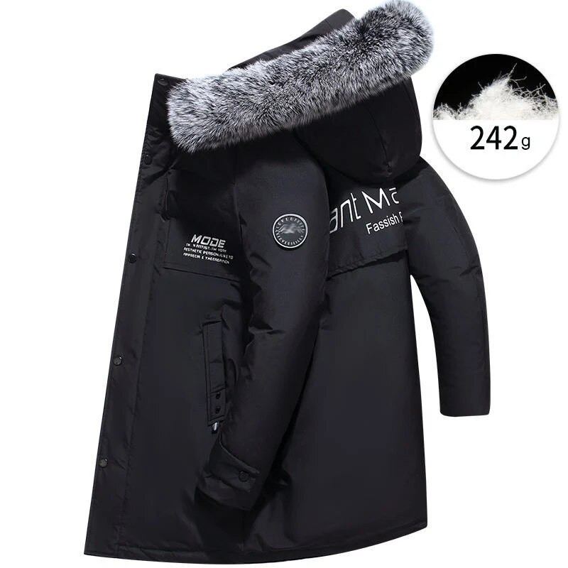 Šildomi pūkiniai paltai Vyriški striukės žiemos apsaugai stiprinti Parka Žiemos vyras netikri lapės plaukai balti anties pūkai su gobtuvu