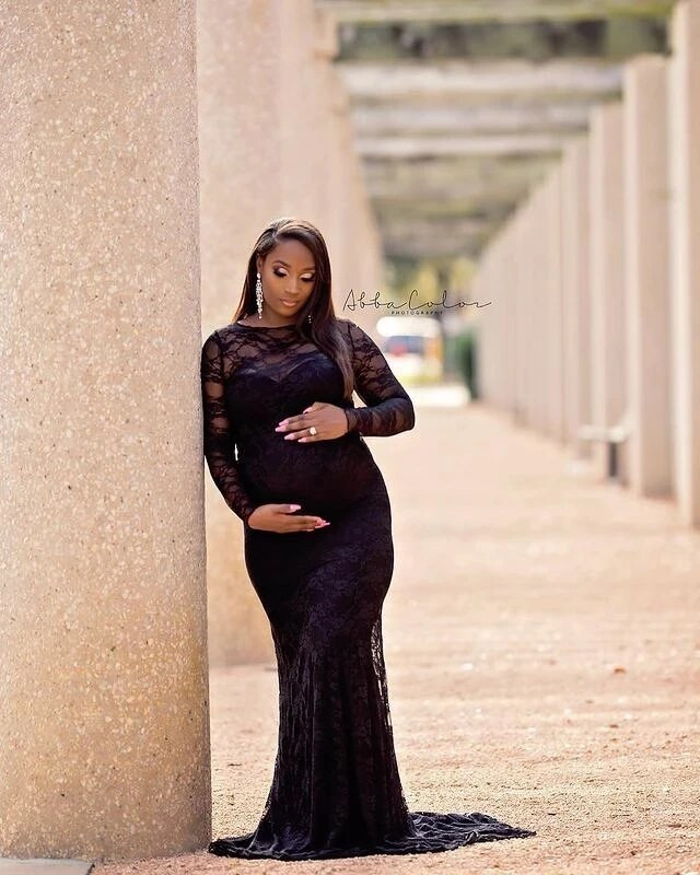 Δαντελένια σέξι φορέματα φωτογραφίας εγκυμοσύνης Φόρεμα με λαιμόκοψη με βάρκα και φόρεμα με μακρύ τρένο γυναικεία μάξι φόρεμα εγκυμοσύνης φωτογραφικά στηρίγματα