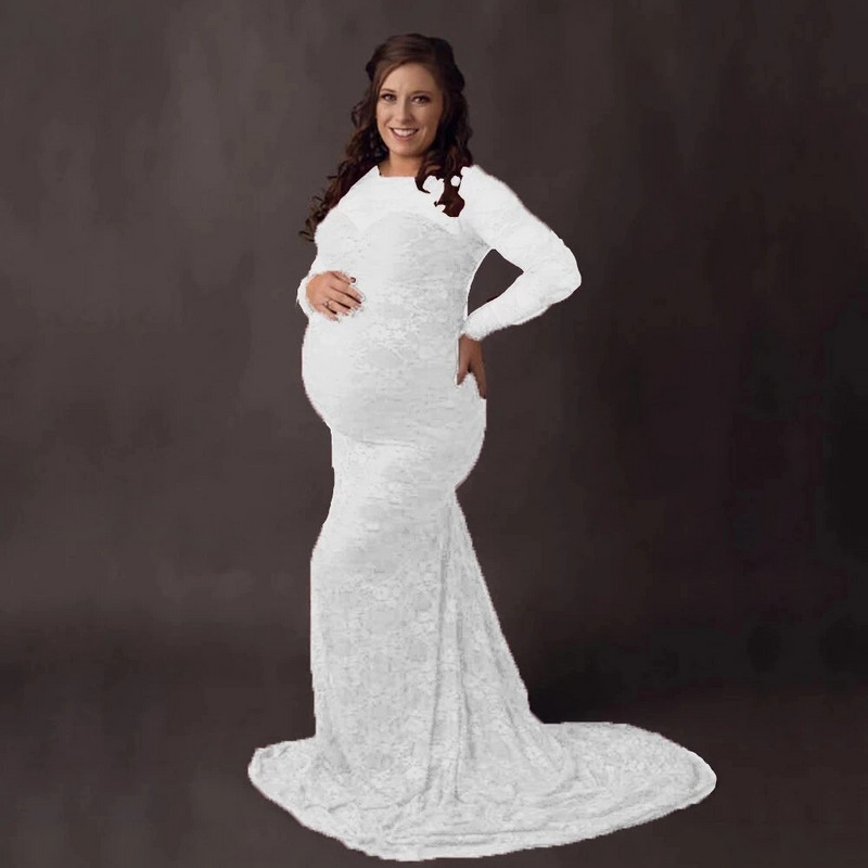 Δαντελένια σέξι φορέματα φωτογραφίας εγκυμοσύνης Φόρεμα με λαιμόκοψη με βάρκα και φόρεμα με μακρύ τρένο γυναικεία μάξι φόρεμα εγκυμοσύνης φωτογραφικά στηρίγματα