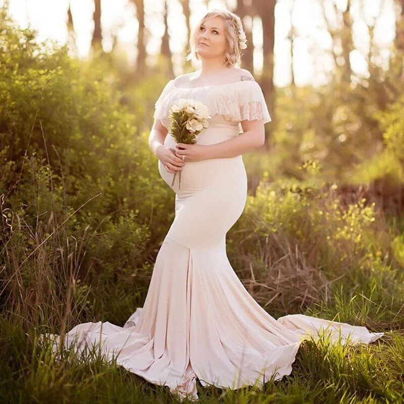 Undinėlės nėščių suknelės, skirtos fotosesijai nėščioms moterims Nėščioms moterims skirtos suknelės fotografavimui Seksualus nuo pečių maksimalus nėščių suknelės