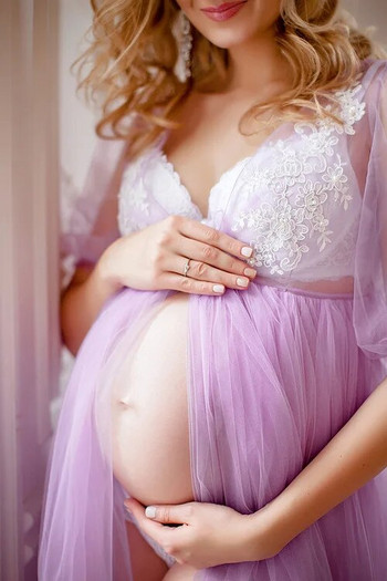 Σέξι δαντέλα Rainbow Mesh Φορέματα εγκυμοσύνης Μακρύ φόρεμα εγκυμοσύνης Σκοποβολή φωτογραφιών για έγκυες μάξι φόρεμα φωτογραφίας στηρίγματα