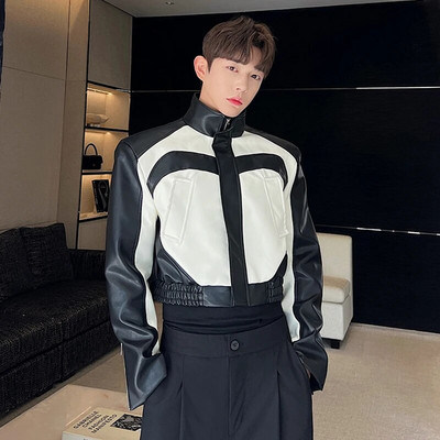 IEFB Niche Design Vyriškos Pu striukės Madingos Stovas Apykaklė Kontrastinės spalvos Motociklo Drabužiai Oda Trumpas Paltas Trend Vyriškas 9C1615