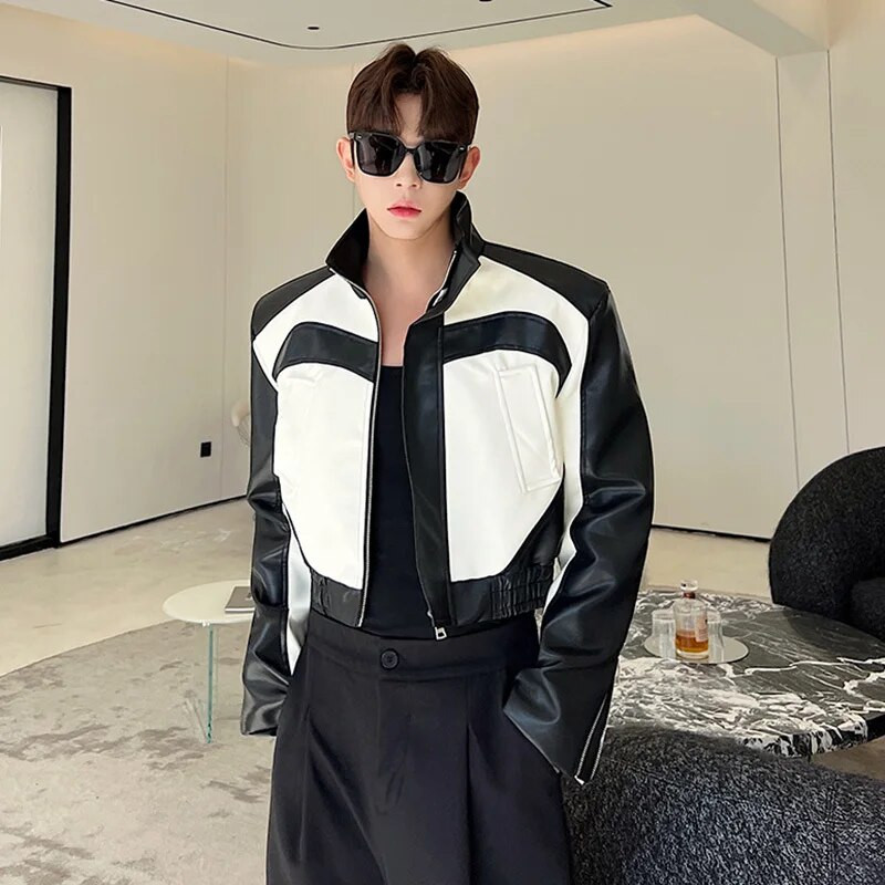 IEFB Niche Design Vyriškos Pu striukės Madingos Stovas Apykaklė Kontrastinės spalvos Motociklo Drabužiai Oda Trumpas Paltas Trend Vyriškas 9C1615