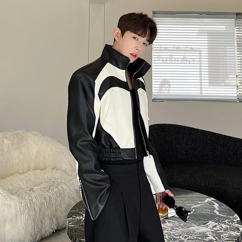 IEFB Niche Design Vyriškos Pu striukės Madingos Stovas Apykaklė Kontrastinės spalvos Motociklo Drabužiai Oda Trumpas Paltas Trend Vyriškas 9C1615