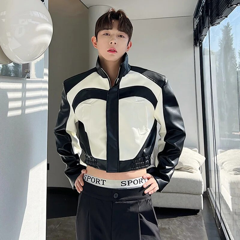 IEFB Niche Design Vyriškos Pu striukės Madingos Stovas Apykaklė Kontrastinės spalvos Motociklo Drabužiai Oda Trumpas Paltas Trend Vyriškas 9C1615