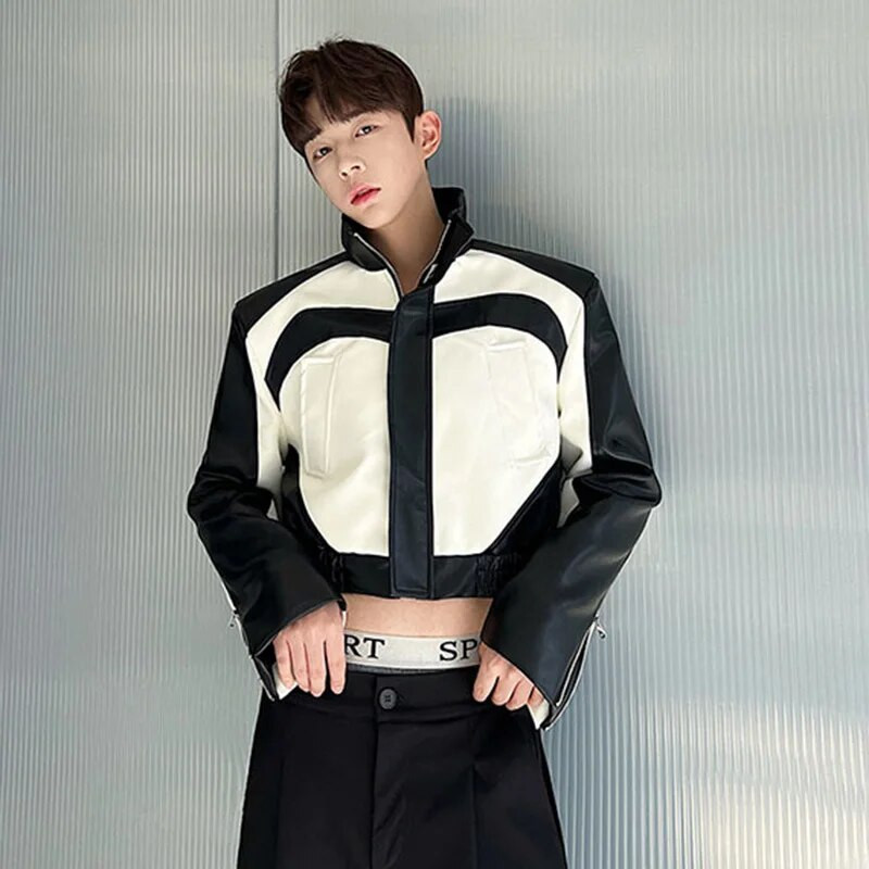 IEFB Niche Design Vyriškos Pu striukės Madingos Stovas Apykaklė Kontrastinės spalvos Motociklo Drabužiai Oda Trumpas Paltas Trend Vyriškas 9C1615