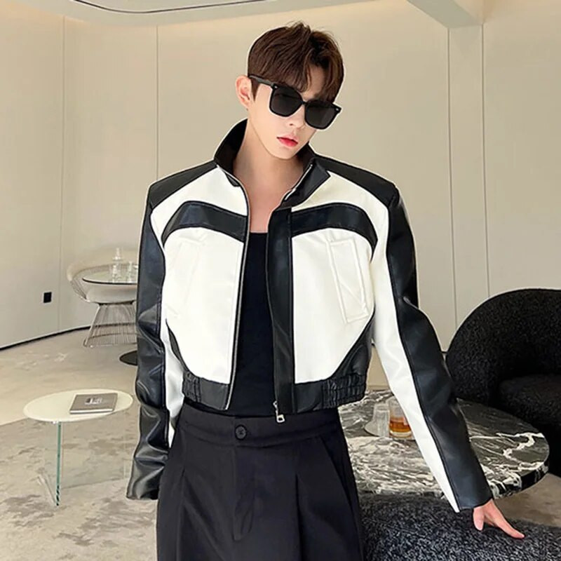 IEFB Niche Design Vyriškos Pu striukės Madingos Stovas Apykaklė Kontrastinės spalvos Motociklo Drabužiai Oda Trumpas Paltas Trend Vyriškas 9C1615