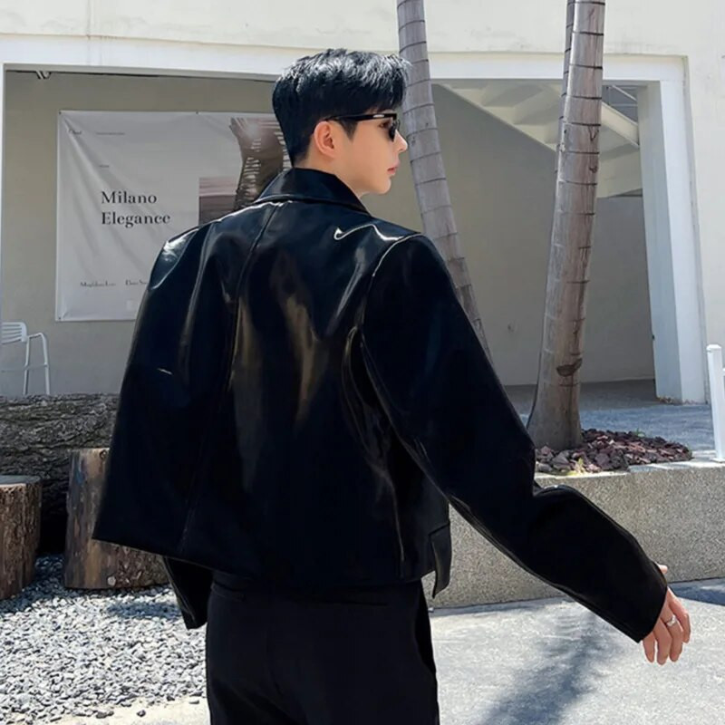 Ανδρικά μπουφάν IEFB Elegance Φθινοπωρινά Νέα Μοντέρνα Ανδρικά Ρούχα Προσωπικότητα Γυαλιστερό δερμάτινο κοντό παλτό Κορεατικού στυλ Πολυτελή μπλουζάκια 9C1608