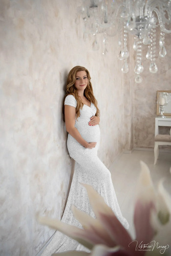 Δαντελένιο φόρεμα εγκυμοσύνης με κομψή εφαρμογή Έγκυος φόρεμα με μακρύ μανίκι V λαιμόκοψη με λεπτή εφαρμογή Maxi μακρύ φόρεμα