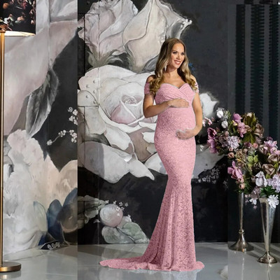 Mežģīnes grūtniecēm, elegants pieguļošs kleita grūtniecēm fotosesijas apģērbs ar garām piedurknēm V kakla izgriezums, slaids, Maxi gara kleita grūtniecēm