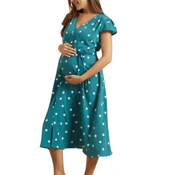 Φόρεμα εγκυμοσύνης Καλοκαιρινά βαμβακερά φορέματα καμίς για γυναίκα με κουκκίδες με στάμπα παραλίας μακριά φούστα Κομψά ρούχα για έγκυες