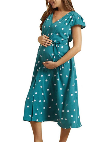 Φόρεμα εγκυμοσύνης Καλοκαιρινά βαμβακερά φορέματα καμίς για γυναίκα με κουκκίδες με στάμπα παραλίας μακριά φούστα Κομψά ρούχα για έγκυες