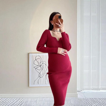 Есенна секси гореща плетена рокля с молив за бременни с V-образно деколте Очарователна линия, тънки дрехи за бременни жени Chic Ins Бременност