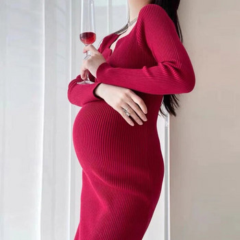 Есенна секси гореща плетена рокля с молив за бременни с V-образно деколте Очарователна линия, тънки дрехи за бременни жени Chic Ins Бременност