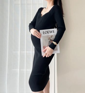 Φθινοπωρινό σέξι καυτό πλεκτό μολύβι εγκυμοσύνης φόρεμα V λαιμού Charming A Line Slim ρούχα για έγκυες Chic Ins Εγκυμοσύνη