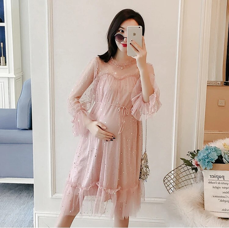 Hot Sale Μαύρο Γυναικείο Φόρεμα εγκυμοσύνης Πλισέ φόρεμα ώμου με κοντό μανίκι Φωτογραφία Φόρεμα νοσηλείας