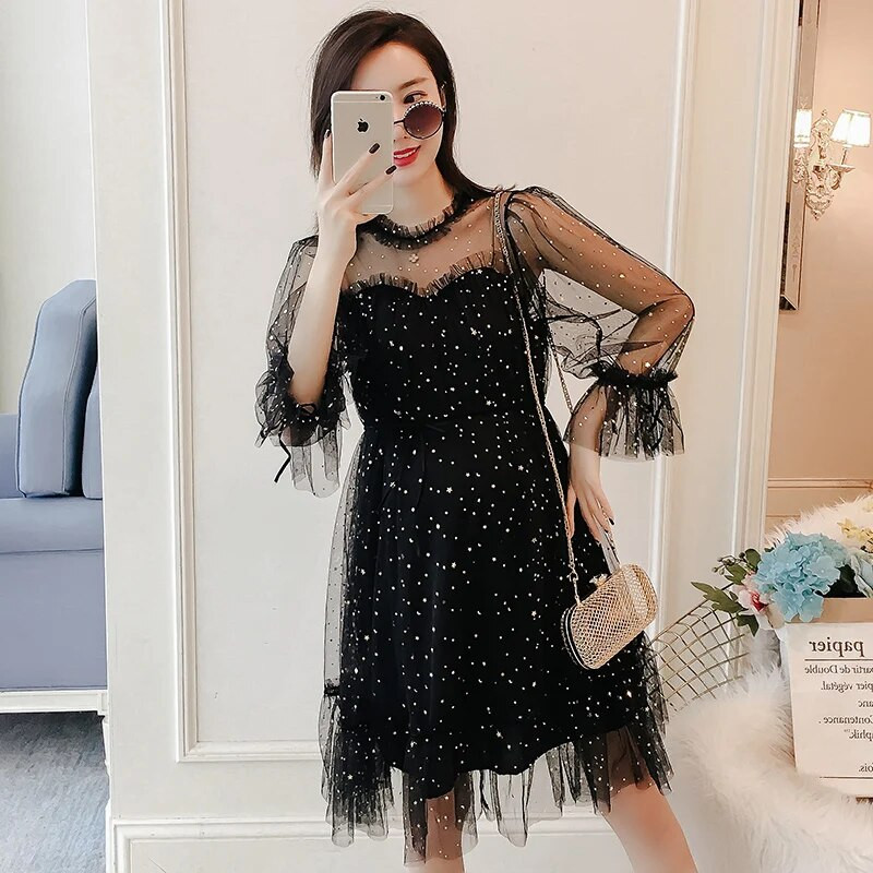 Hot Sale Μαύρο Γυναικείο Φόρεμα εγκυμοσύνης Πλισέ φόρεμα ώμου με κοντό μανίκι Φωτογραφία Φόρεμα νοσηλείας