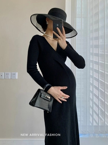 Плетена рокля за бременни Еластичност Есенни дрехи за бременни Рокля за бременни с дълъг ръкав Рокля за фотосесия за бременни