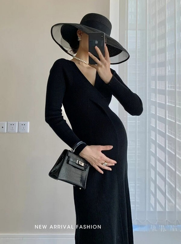 Πλεκτό φόρεμα εγκυμοσύνης ελαστικότητα Φθινοπωρινά ρούχα εγκυμοσύνης μακρυμάνικο φόρεμα εγκυμοσύνης Φωτογραφία φωτογραφίας Φόρεμα εγκυμοσύνης