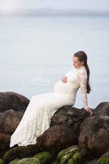 Рокля за бременни Реквизит за снимки за бременни Бяла дантелена секси макси рокля Елегантна дамска дантелена рокля за бременни за фотосесия за бременни