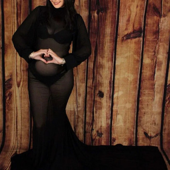 Секси прозрачна рокля за бременни, мрежеста рокля с висока яка и дълги ръкави за фотография (не е включено бельо)