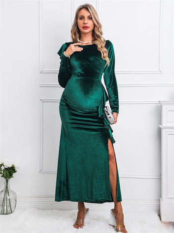 Κομψό γυναικείο φόρεμα εγκυμοσύνης με βελούδινο φόρεμα στο πλάι με ψηλό σκίσιμο μακρυμάνικο χειμερινό φόρεμα για χριστουγεννιάτικο πάρτι