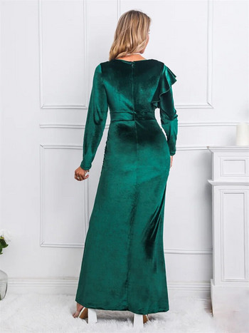 Дамска елегантна кадифена рокля с волани, странична зимна рокля с дълъг ръкав и висока цепка за коледно парти