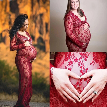 2022 Дантелени рокли за бременни с V-образно деколте Изискани дрехи за снимки на бременни Рокля за бременни за фотосесия Дамски дрехи с голям размер