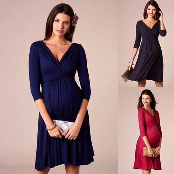 Рокли за жени, бременни рокли за бременни с V-образно деколте, плисирани три четвърти ръкави, красиви дрехи Вечерна рокля за бременни партита