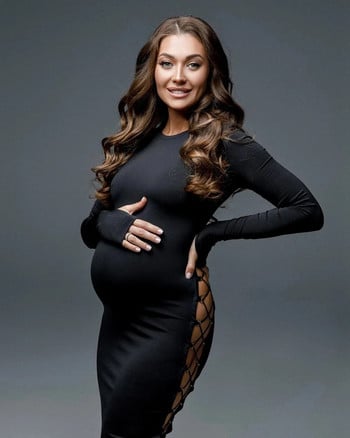 Νέα φορέματα φωτογραφίας εγκυμοσύνης με σπαστό μακρύ κορμάκι για φωτογραφική λήψη, σέξι κομμένο μαύρο μάξι εξώπλατο πάρτι για ντους για μωρά