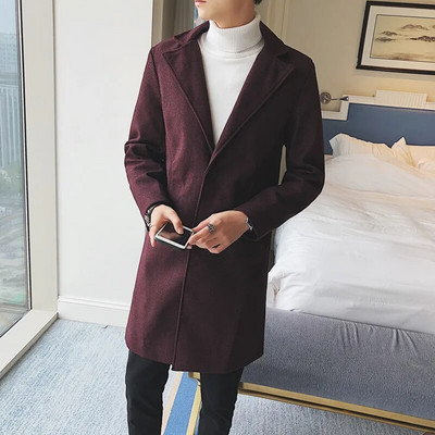 Vīriešu modes silts ikdienas mētelis ar vējjaku, 2023. gada jauns rudens/ziemas vienkrāsains vilnas mētelis, pieguļošs, garš vējjakas mētelis