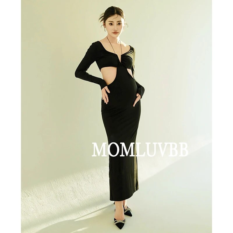 Dobs grūtnieču rekvizīts, kleita, bērnu duša, šaura kakla stila, melna sieviešu seksīgas grūtnieču kleitas fotosesijai