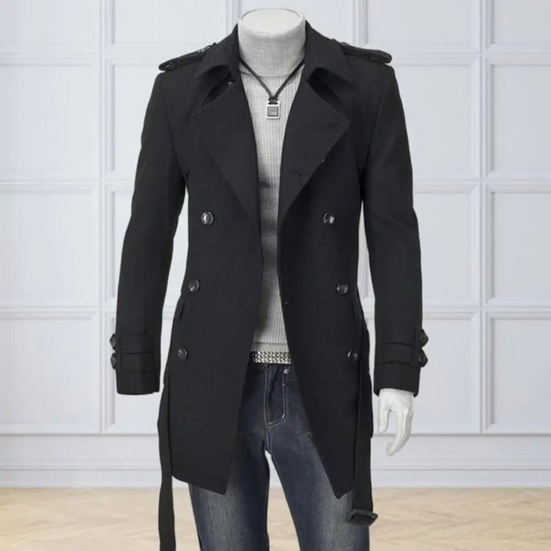 Vīriešu mētelis ar jostu viduklis Vīriešu mētelis stilīgs vīriešu divrindu mētelis vienkrāsains atloks ar jostu vidējai rudens/ziemas