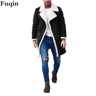 Meeste fliisist lamineeritud kunst-seemisnahast revääriga pikk nööbiga jakk Meeste vabaaja kerge, pehme polaarfliisist soe jakk Solid