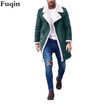 Meeste fliisist lamineeritud kunst-seemisnahast revääriga pikk nööbiga jakk Meeste vabaaja kerge, pehme polaarfliisist soe jakk Solid