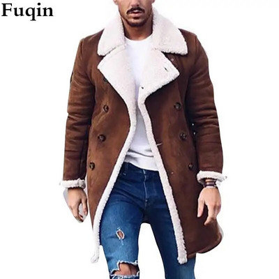 Meeste fliisist lamineeritud kunst-seemisnahast revääriga pikk nööbiga jakk Meeste vabaaja kerge, pehme polaarfliisist soe jakk Solid