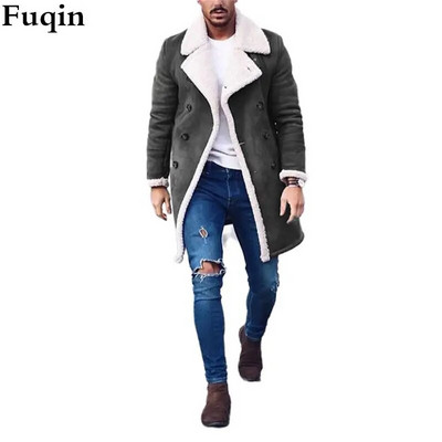 Meeste fliisist lamineeritud kunst-seemisnahast revääriga pikk nööbiga jakk Meeste vabaaja kerge, pehme polaarfliisist soe jakk Solid