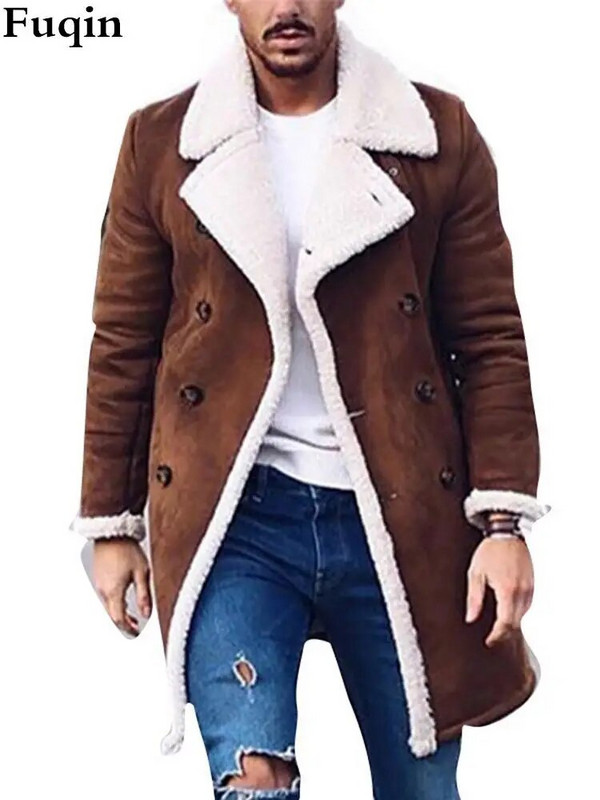 Meeste fliisist lamineeritud kunst-seemisnahast revääriga pikk nööbiga jakk Meeste vabaaja kerge, pehme polaarfliisist soe jakk Solid