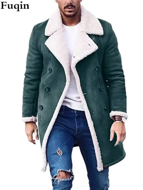 Meeste fliisist lamineeritud kunst-seemisnahast revääriga pikk nööbiga jakk Meeste vabaaja kerge, pehme polaarfliisist soe jakk Solid