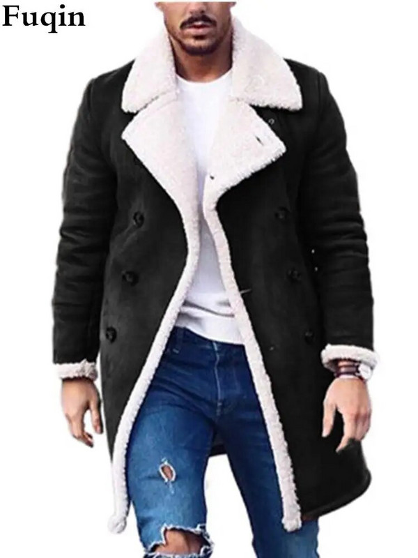 Meeste fliisist lamineeritud kunst-seemisnahast revääriga pikk nööbiga jakk Meeste vabaaja kerge, pehme polaarfliisist soe jakk Solid