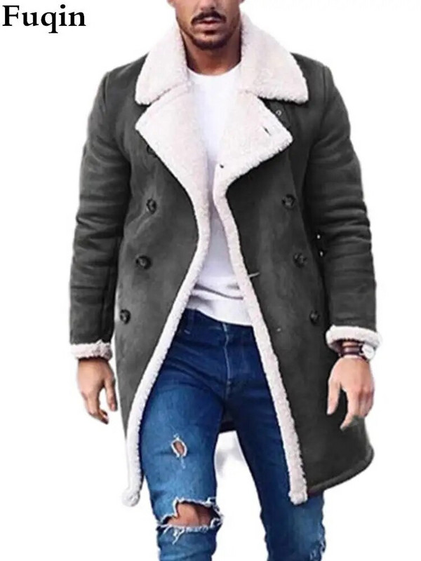 Meeste fliisist lamineeritud kunst-seemisnahast revääriga pikk nööbiga jakk Meeste vabaaja kerge, pehme polaarfliisist soe jakk Solid