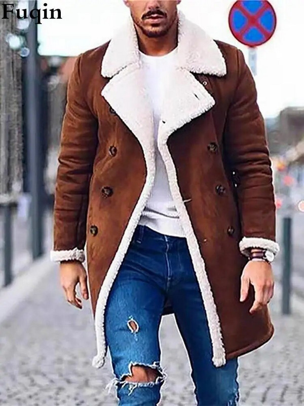 Meeste fliisist lamineeritud kunst-seemisnahast revääriga pikk nööbiga jakk Meeste vabaaja kerge, pehme polaarfliisist soe jakk Solid