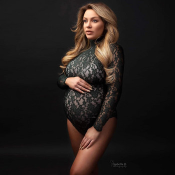 Реквизит за бременни снимки Рокли Еластично дантелено боди с дълъг ръкав Сваляща се шифонена пола Рокли за бременни Фотосесия