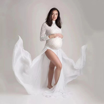 Φορέματα εγκυμοσύνης με μακρυμάνικο φορμάκι με μακρυμάνικη δαντέλα Φόρεμα εγκυμοσύνης Φωτογραφική λήψη με αφαιρούμενη φούστα από σιφόν