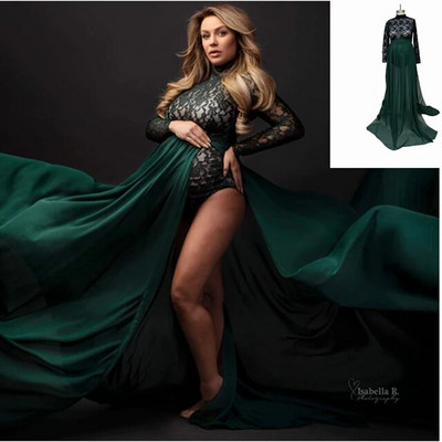 Grūtnieču fotografēšana Rekvizīti Kleitas Elastīgas mežģīnes ar garām piedurknēm Bodijs Noņemams Šifona svārki Grūtniecības kleitas Fotosesija