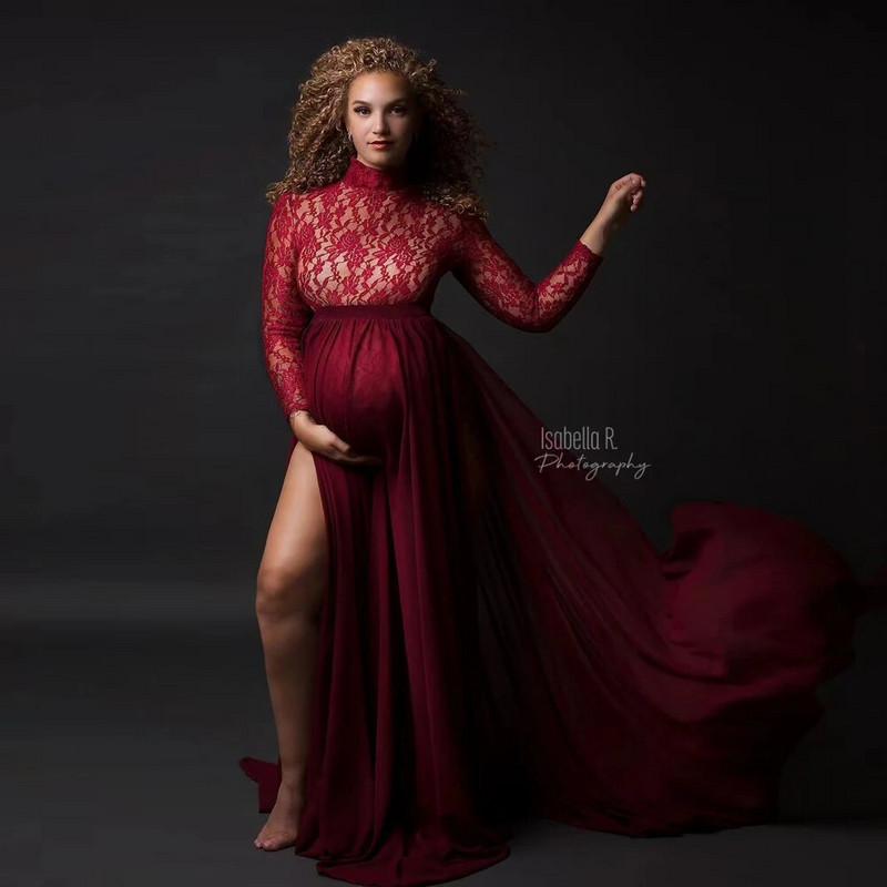 Grūtnieču fotografēšana Rekvizīti Kleitas Elastīgas mežģīnes ar garām piedurknēm Bodijs Noņemams Šifona svārki Grūtniecības kleitas Fotosesija