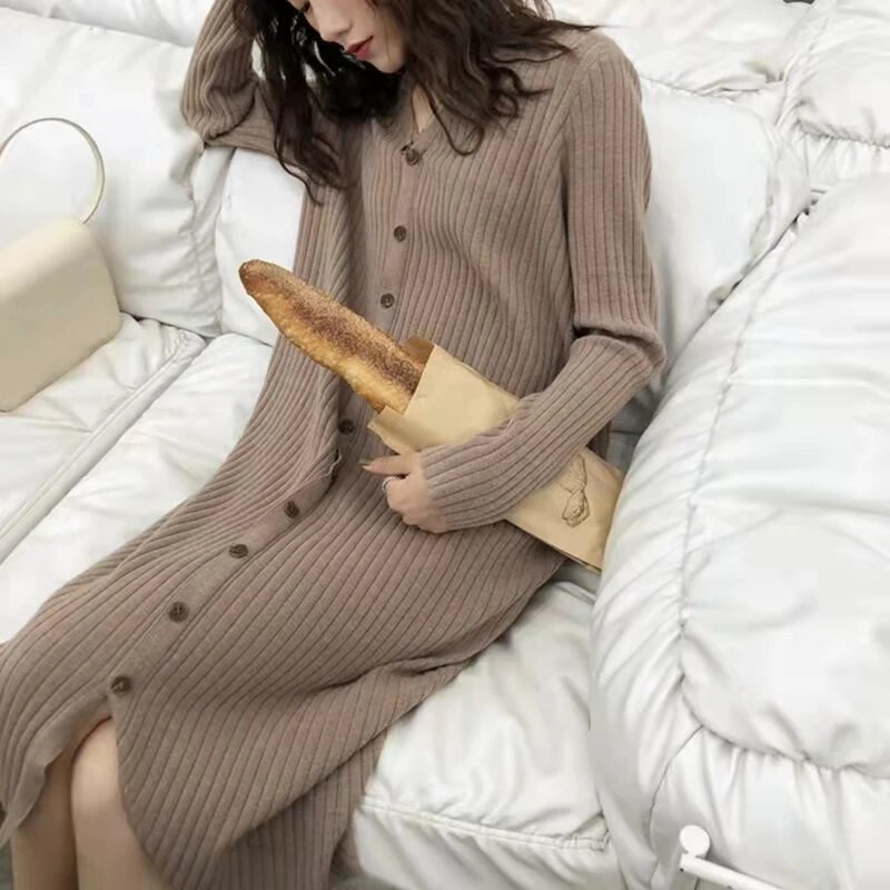 Rudens žiemos tankūs megzti nėščiųjų megztiniai Suknelė Vintažinės laisvos sagos gali atverti drabužius nėščioms moterims Kasdienis nėštumas