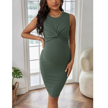 2023 Summer Premama Green Dress Ежедневна плътна рокля без ръкави за бременни жени Облекло за бременни Секси усукани рокли